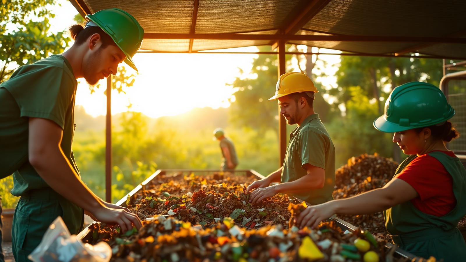 Workers composting organic waste